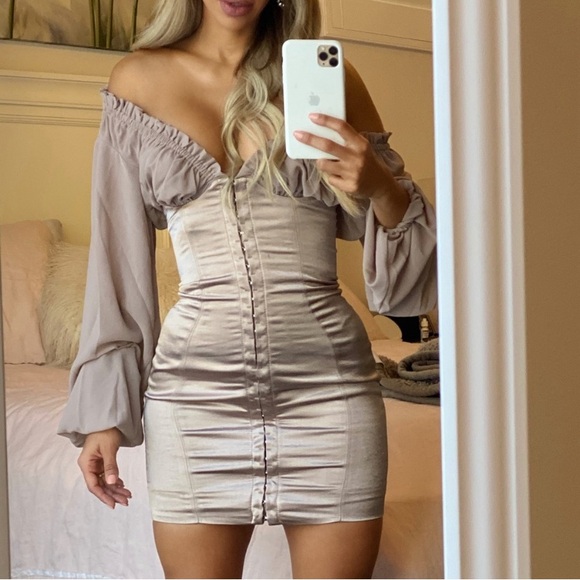 House of CB Gia Bustier Corset Long Sleeve Satin Billowy Sleeve Mini Dress XS - Picture 4 of 14